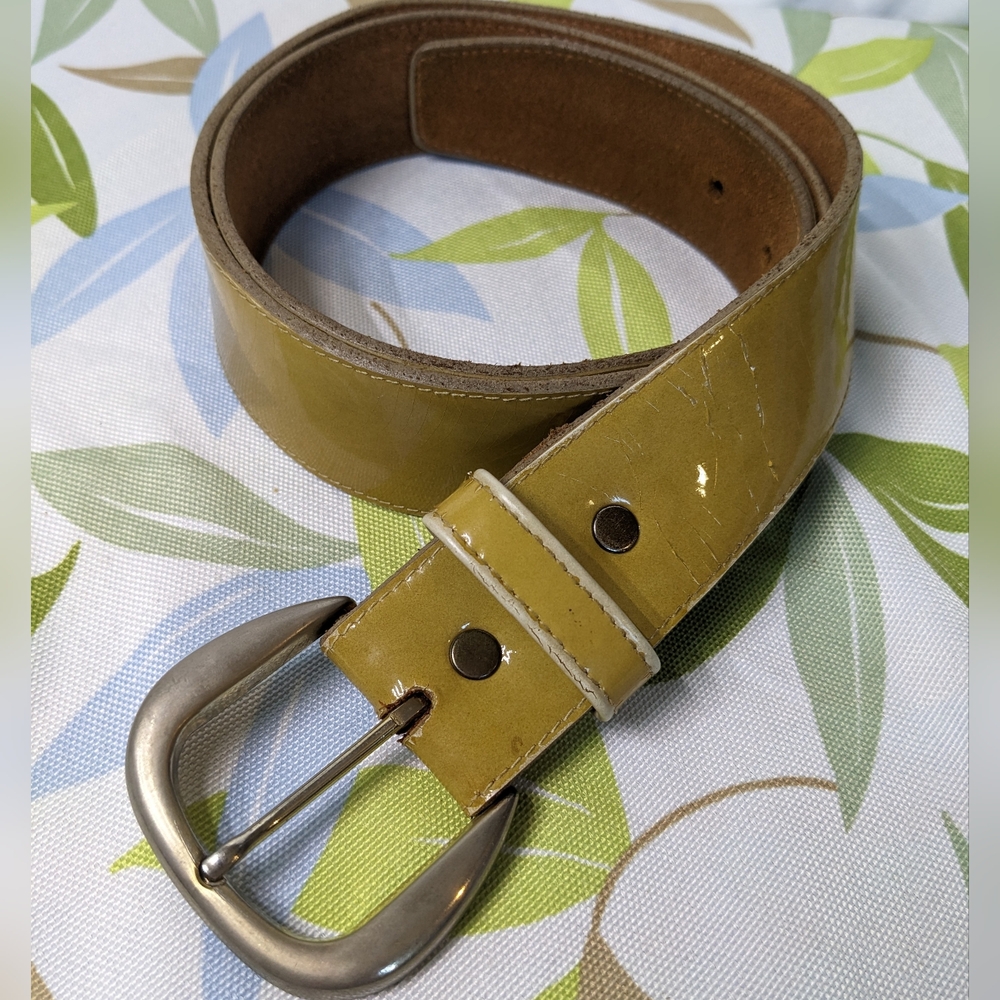 Patent Leather Belt, Silver-tone Buckle, Cumin Color, Adjustable 32"-38", Unisex